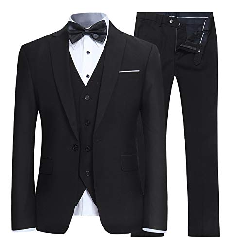 YFFUSHI Men's 3 Piece Suit Set One Button Solid Blazer Jacket Vest Pants for Business, Wedding and Prom Black - Image 3
