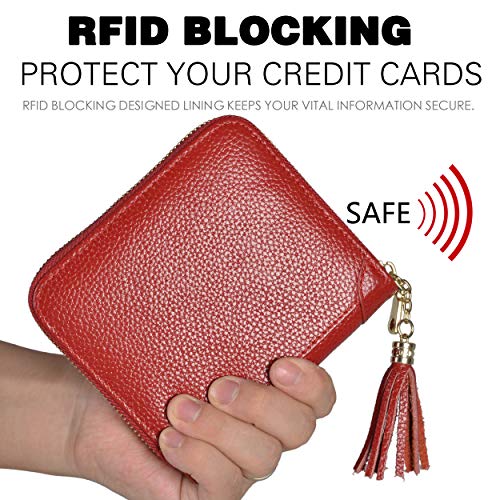 Easyoulife Womens Credit Card Holder Wallet Zip Leather Card Case RFID Blocking (Red) - Image 4