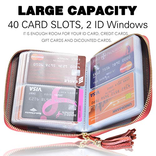 Easyoulife Womens Credit Card Holder Wallet Zip Leather Card Case RFID Blocking (Red) - Image 3