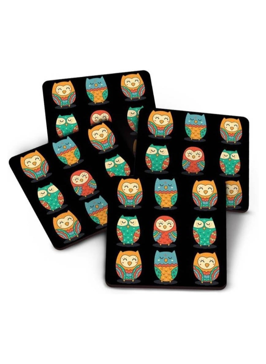 BRANDSFINITY-Tediline Coasters 4 Pack Square Medium Density Fibreboard Coaster Set Tribal Owl Pattern (Pack of 4) 