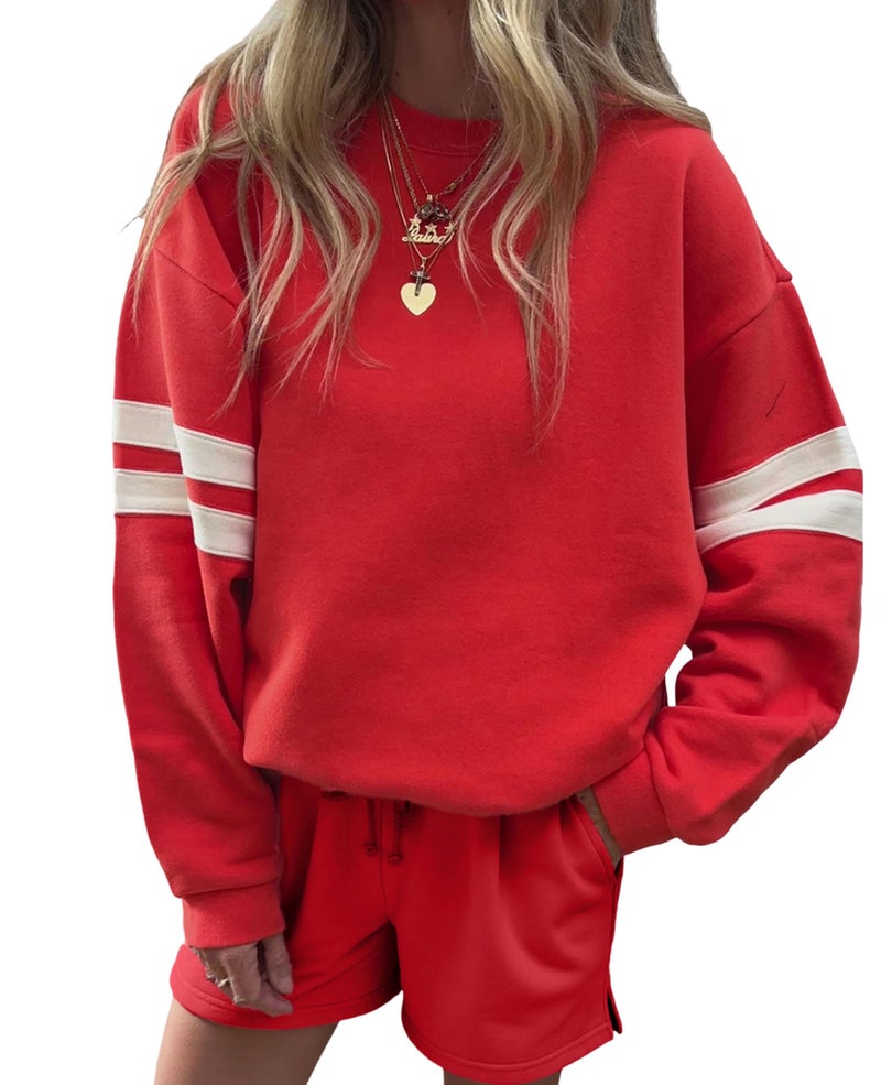 SELINK Women 2 Piece Outfits Sweatsuit Casual Long Sleeve Pullover and Shorts Sets Travel Tracksuit Red Stripe-M - Image 1