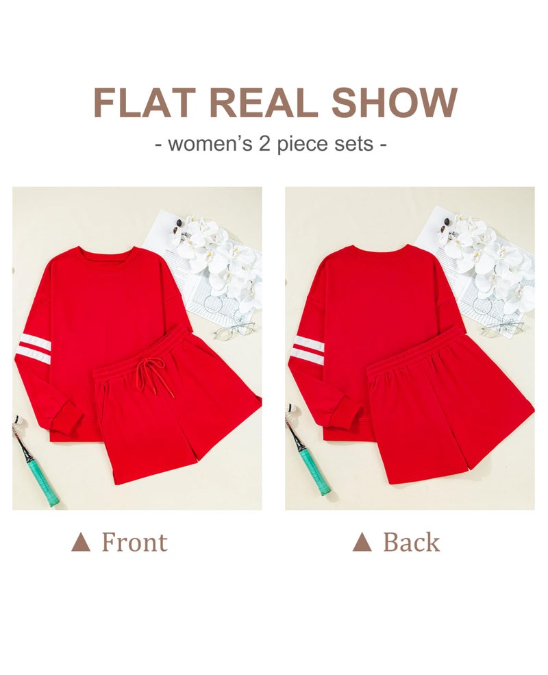 SELINK Women 2 Piece Outfits Sweatsuit Casual Long Sleeve Pullover and Shorts Sets Travel Tracksuit Red Stripe-M - Image 4