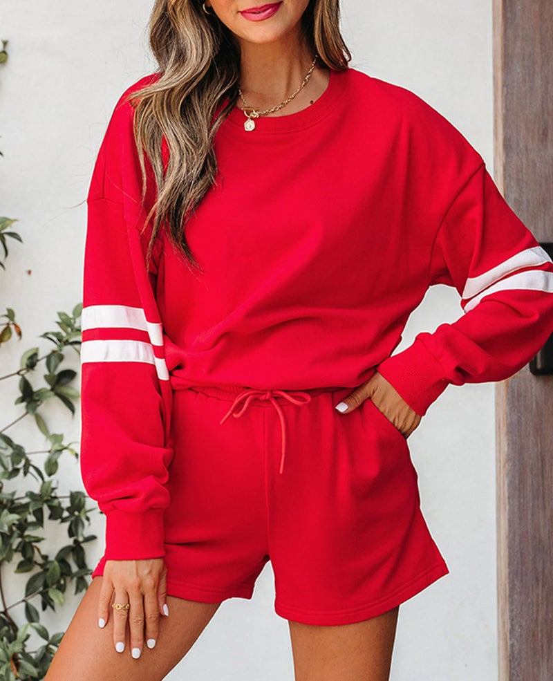 SELINK Women 2 Piece Outfits Sweatsuit Casual Long Sleeve Pullover and Shorts Sets Travel Tracksuit Red Stripe-M - Image 3