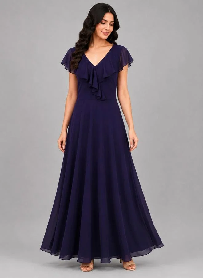 House Of Raeli Purple Georgette Ruffled Maxi Dress