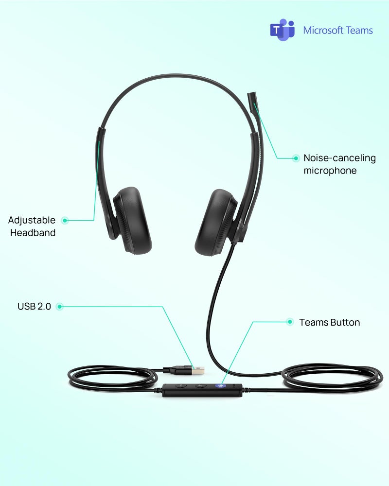 Yealink UH34 USB Headset with Microphone for PC Laptop,Wired Headset with Noise-Cancelling Microphone,Teams Certified, in-Line Controls for Home Office Online Class Skype Zoom Meetings - Image 2