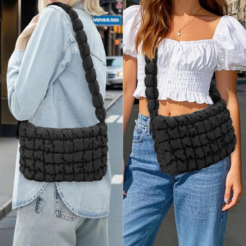 E-Tree Puffer Tote Bag Purse Quilted Hobo Carryall Crossbody Shoulder Handbag for Women (Black) - Image 2