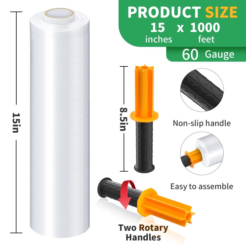 HERKKA Stretch Film, HERKKA Stretch Wrap with Handles Industrial Strength, Moving Wrapping Plastic Roll, Shrink Wrap for Pallet Wrap, 15" x 1000 Feet, 4 Pack, 60 Gauge - Image 2