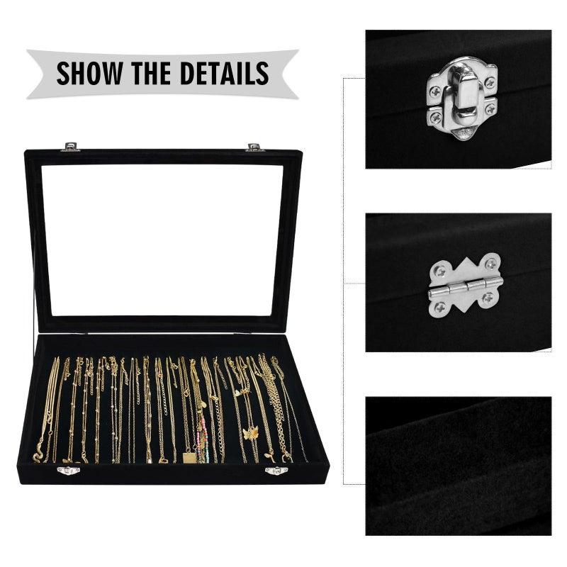 Siveit Necklace Organizer Box Premium 20 Hooks Velvet Necklace Display Jewelry Tray with Transparent Lid Jewelry Necklace Display Box for Necklace Pendants Suitable for Women and Girls (Black) - Image 4