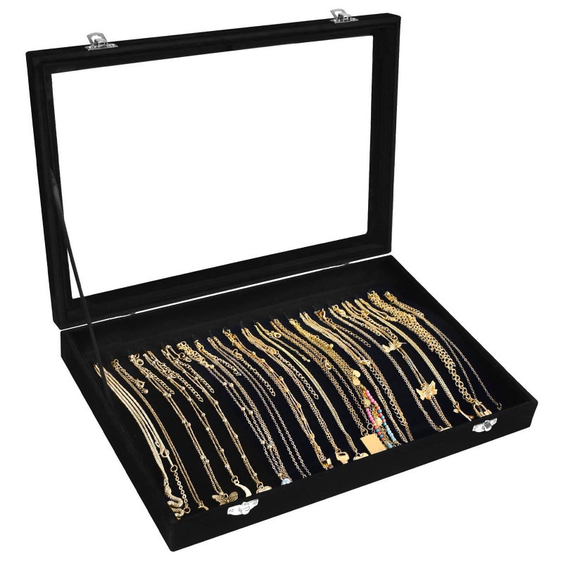 Siveit Necklace Organizer Box Premium 20 Hooks Velvet Necklace Display Jewelry Tray with Transparent Lid Jewelry Necklace Display Box for Necklace Pendants Suitable for Women and Girls (Black) - Image 1
