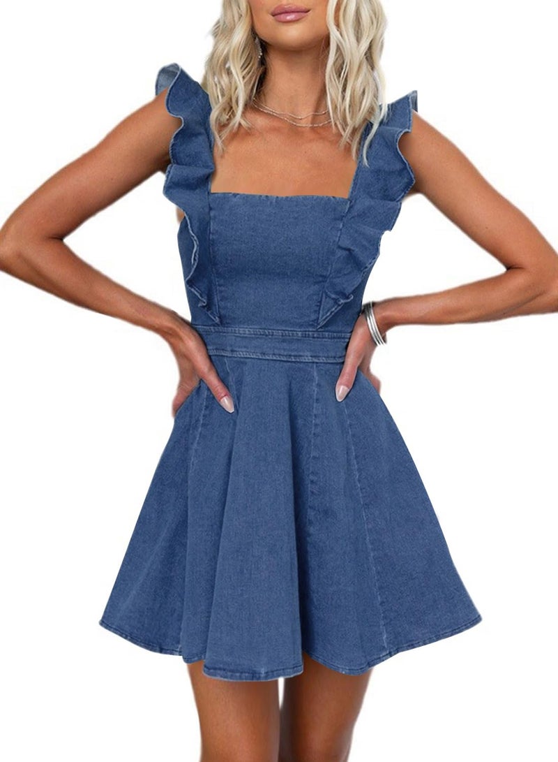 utcoco Denim Dress for Women Ruffle Adjustable Strap Sleeveless Backless Babydoll Mini Jean Dresses (Large, Dark Blue) - Image 1