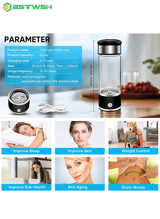 BSTWSH - Hydrogen Water Bottle,2024 New Hydrogen Water Generator, 420ml Rechargeable Portable Water Purifier,Healthy Hydration Hydrogen Water Bottle,Home Travel Office Sports Hydrogen Water Purifier(Black) - Image 1