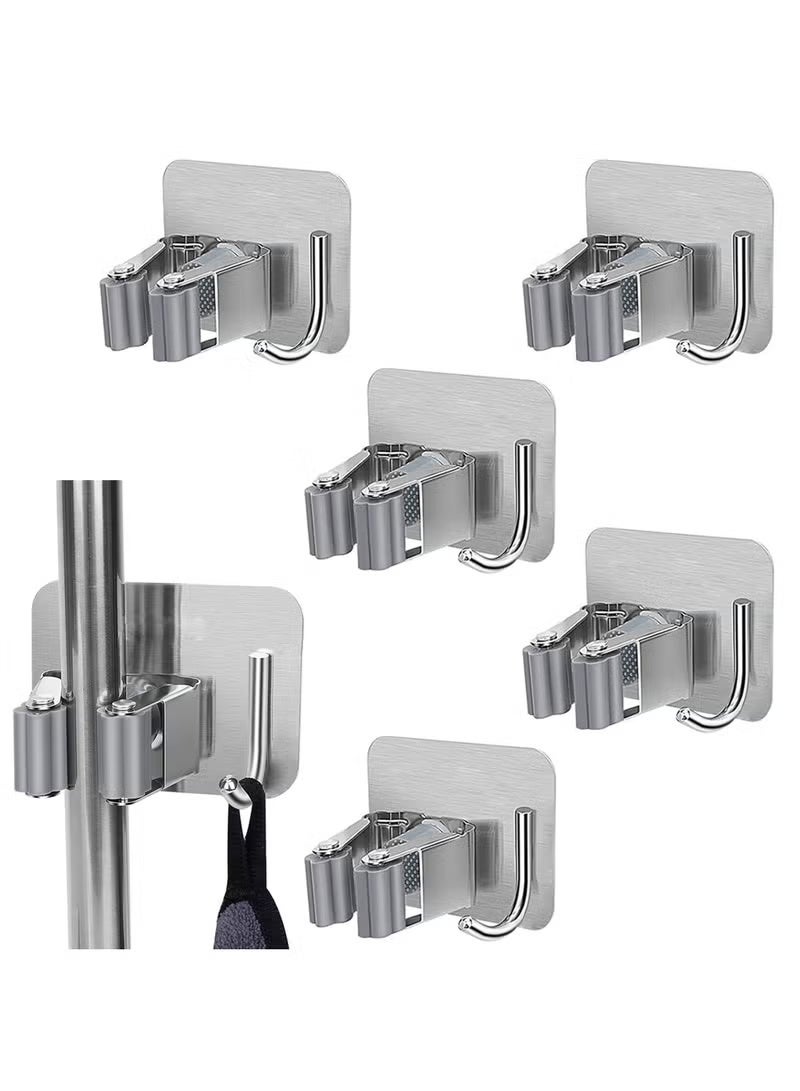 5 Pack Mop Holder Wall Mount Stainless Steel Broom Storage Hanger Adhesive Anti-Slip Tool Organizer Heavy Duty Mop Gripper Rack with Hook - Image 1