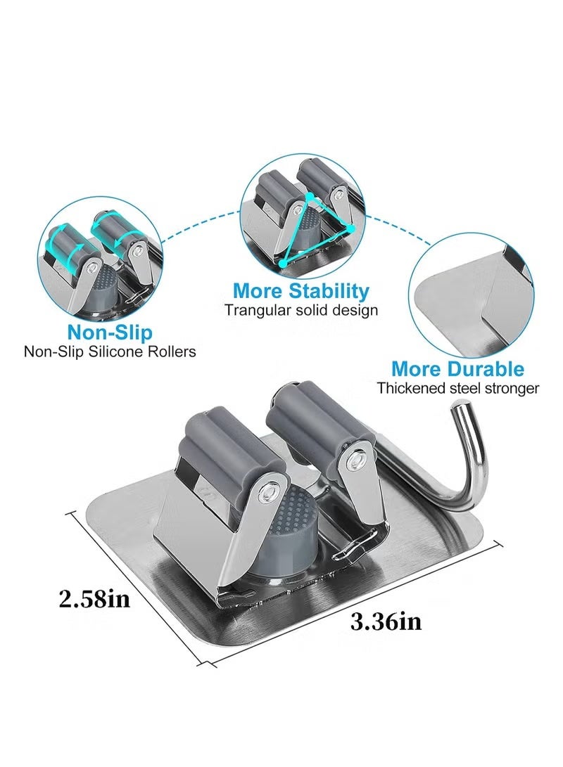 5 Pack Mop Holder Wall Mount Stainless Steel Broom Storage Hanger Adhesive Anti-Slip Tool Organizer Heavy Duty Mop Gripper Rack with Hook - Image 4