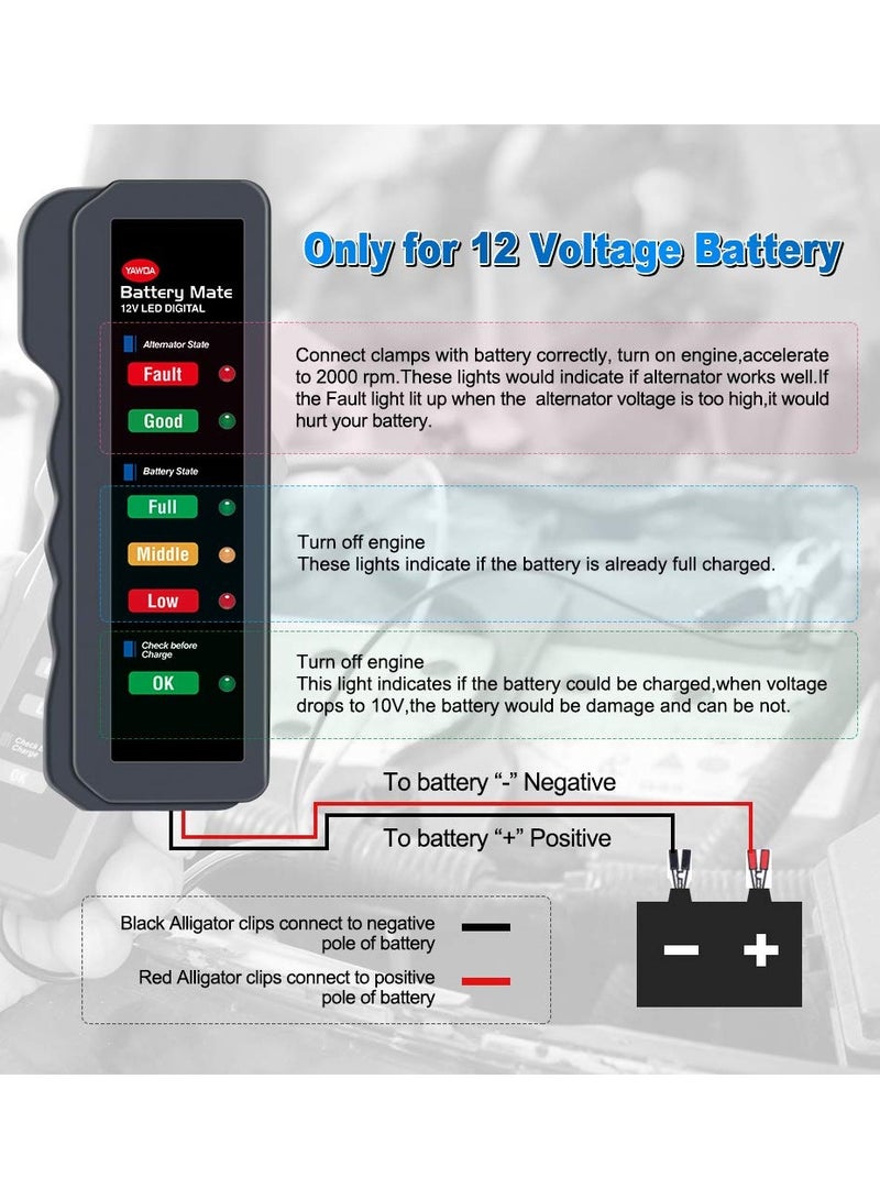 Generic 12V Car Battery Tester, Alternator Tester Automotive, Battery Checker, Analyzer to Check Alternator and Battery Charging System, LED Indication  - Image 5