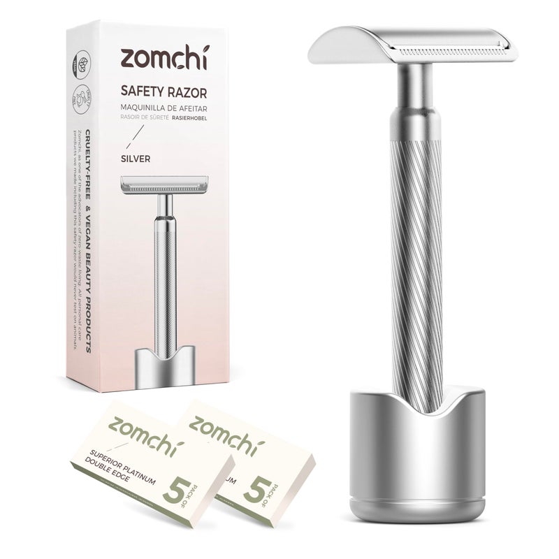 ZOMCHI Double Edge Safety Razor for Men & Women,[New Version 2.0 ] Metal Razor with 10 Double Edge Safety Razor Blades, Single Blade Razor with Stand â€“ Noble Silver - Image 1