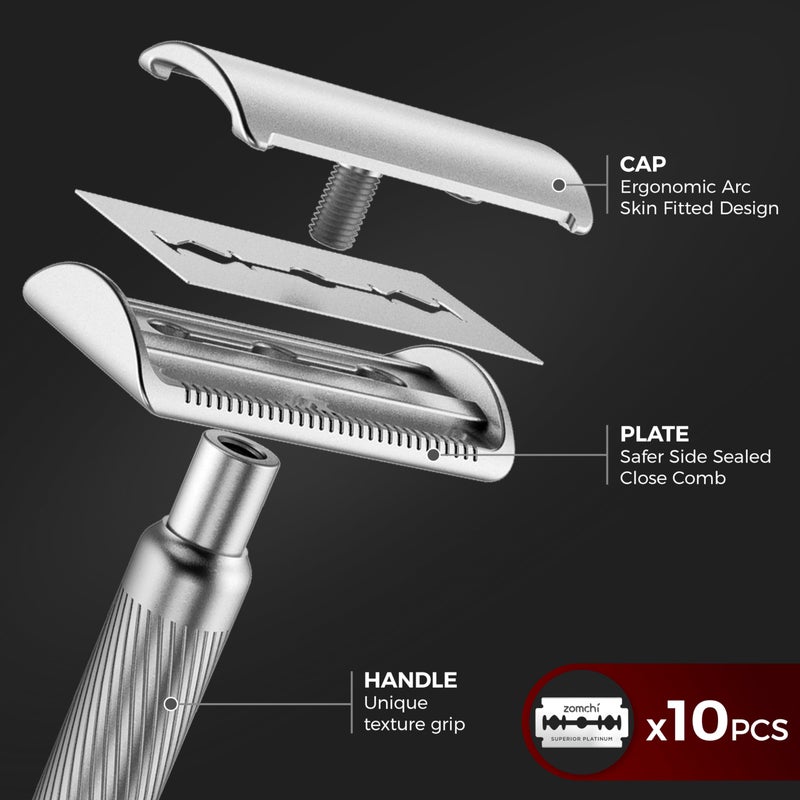 ZOMCHI Double Edge Safety Razor for Men & Women,[New Version 2.0 ] Metal Razor with 10 Double Edge Safety Razor Blades, Single Blade Razor with Stand â€“ Noble Silver - Image 5