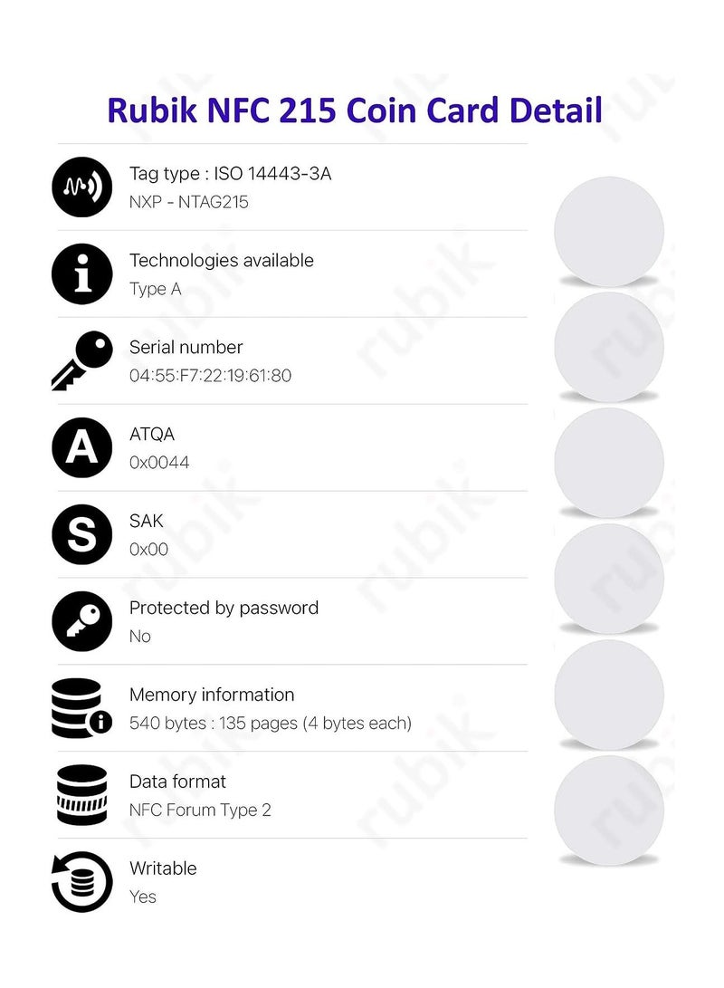 Rubik NFC 215 Cards, NTAG215 Rewritable NFC Coin Card Tag Compatible with Tagmo Amiibo and NFC Enabled Mobile Phones and Devices (Round Ntag 215 - 100 Cards) - Image 3