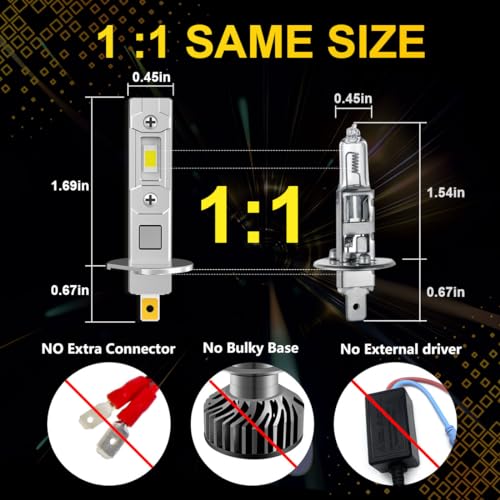 NOVCAPAR H1 LED Bulbs, 24000LM Super Brightness high Beam and Low Beam, 6500K Cool White Fanless Fog Lights Bulbs, 1:1 Mini Size Plug and Play, Non-Polarity, Pack of 2 - Image 2