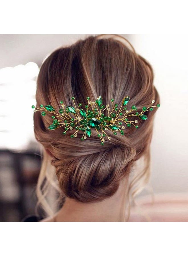 BETITETO Bride Wedding Hair Comb Green Crystal Golden Bridal Hair Vine Piece Accessories for Women Girls Party Photography - Image 2