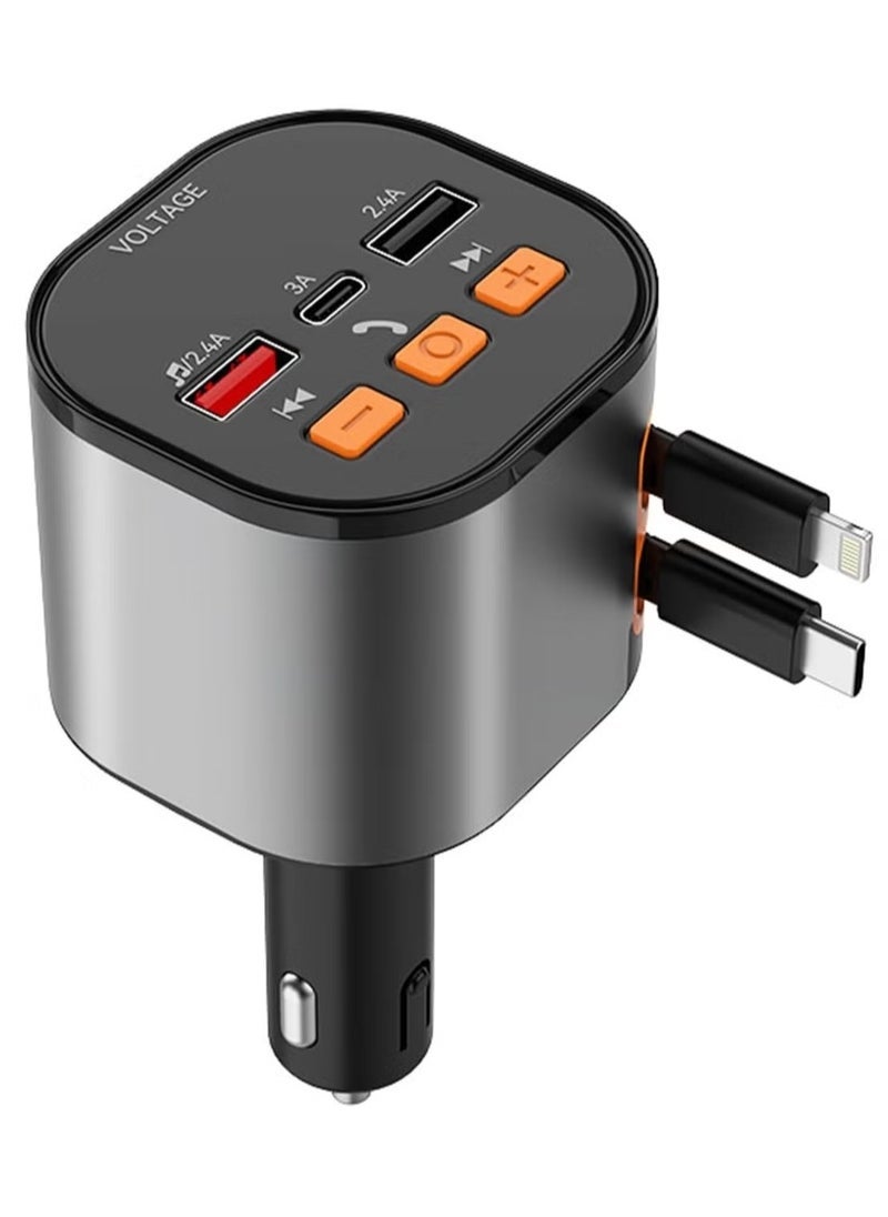 فولتيدج Bluetooth FM Transmitter Car Adapter – 50W Fast Charger with Dual Retractable Cables, Bluetooth 5.0 Receiver, Hands-Free Calling & Music Streaming for 12V/24V Vehicles  - Image 1