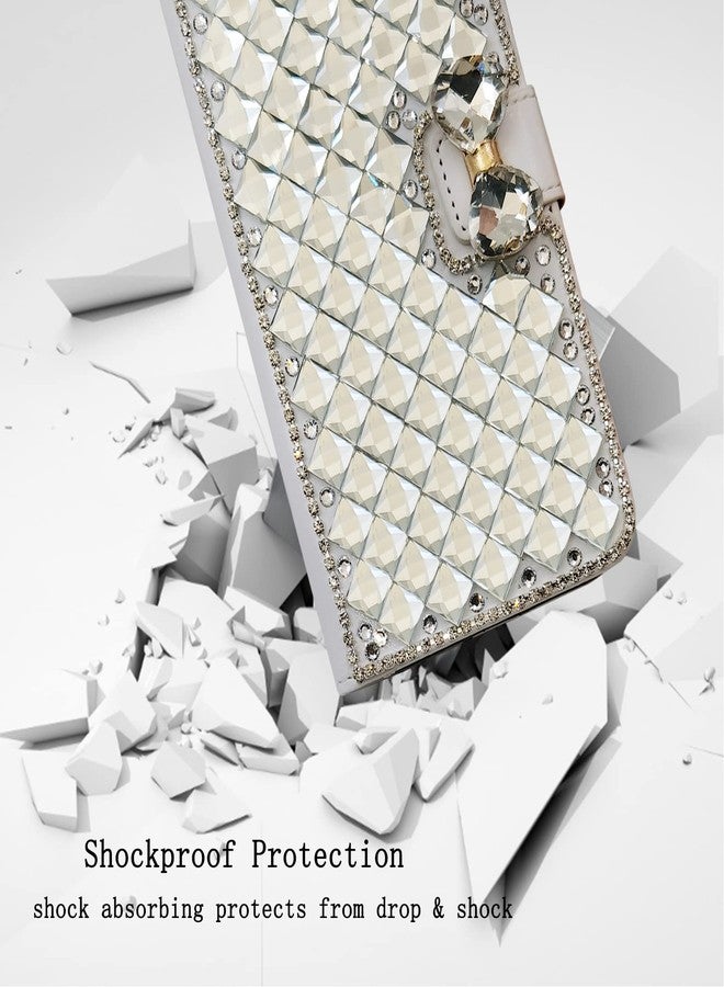 أوميو جراب محفظة فاخر من Omio لهاتف Galaxy S24 Plus، مزين بالترتر اللامع وحامل بطاقات مرصع بالألماس مع حامل، مزين بفيونكة كريستالية براقة، مقاوم للصدمات، مانع للانزلاق، غطاء قلاب أنيق للنساء والفتيات، لون أبيض - Image 4