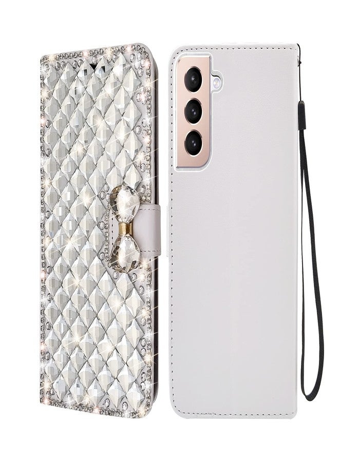 أوميو جراب محفظة فاخر من Omio لهاتف Galaxy S24 Plus، مزين بالترتر اللامع وحامل بطاقات مرصع بالألماس مع حامل، مزين بفيونكة كريستالية براقة، مقاوم للصدمات، مانع للانزلاق، غطاء قلاب أنيق للنساء والفتيات، لون أبيض - Image 2