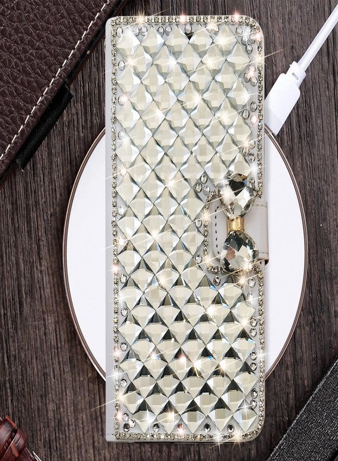 أوميو جراب محفظة فاخر من Omio لهاتف Galaxy S24 Plus، مزين بالترتر اللامع وحامل بطاقات مرصع بالألماس مع حامل، مزين بفيونكة كريستالية براقة، مقاوم للصدمات، مانع للانزلاق، غطاء قلاب أنيق للنساء والفتيات، لون أبيض - Image 5