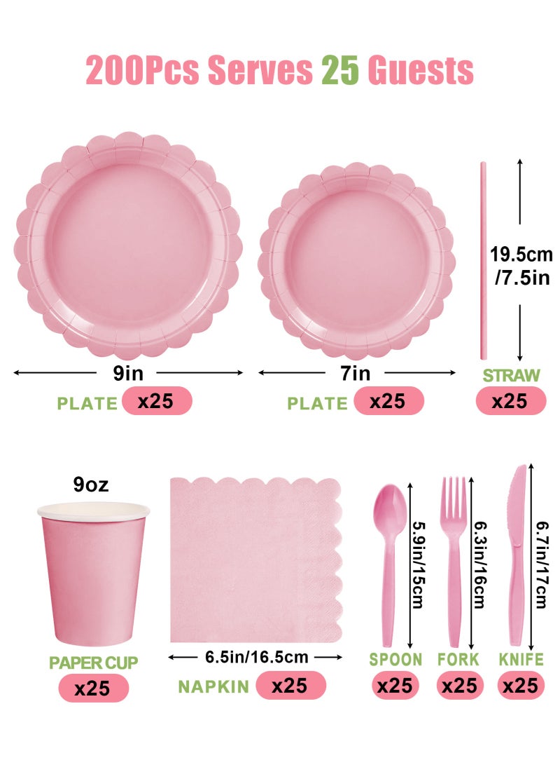 URbazaar 200 Pcs Pink Paper Plates and Napkins, Light Pink Party Supplies Include Scalloped Plate Napkins Cups Plastic Spoons Forks Knives for Baby Shower, Wedding, Birthday - Image 2