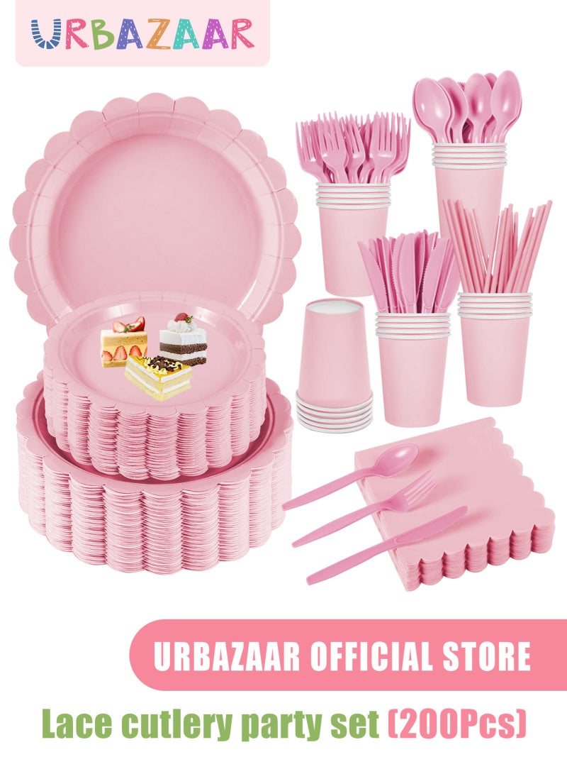 URbazaar 200 Pcs Pink Paper Plates and Napkins, Light Pink Party Supplies Include Scalloped Plate Napkins Cups Plastic Spoons Forks Knives for Baby Shower, Wedding, Birthday - Image 1