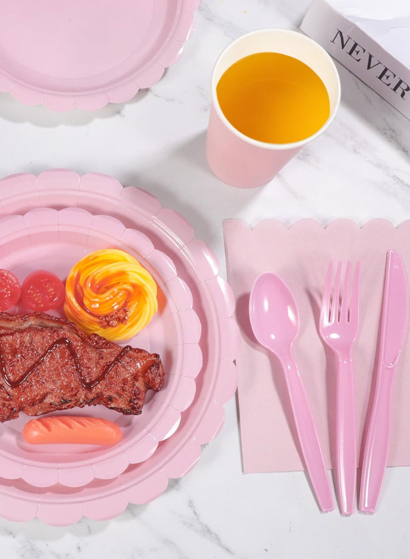 URbazaar 200 Pcs Pink Paper Plates and Napkins, Light Pink Party Supplies Include Scalloped Plate Napkins Cups Plastic Spoons Forks Knives for Baby Shower, Wedding, Birthday - Image 5