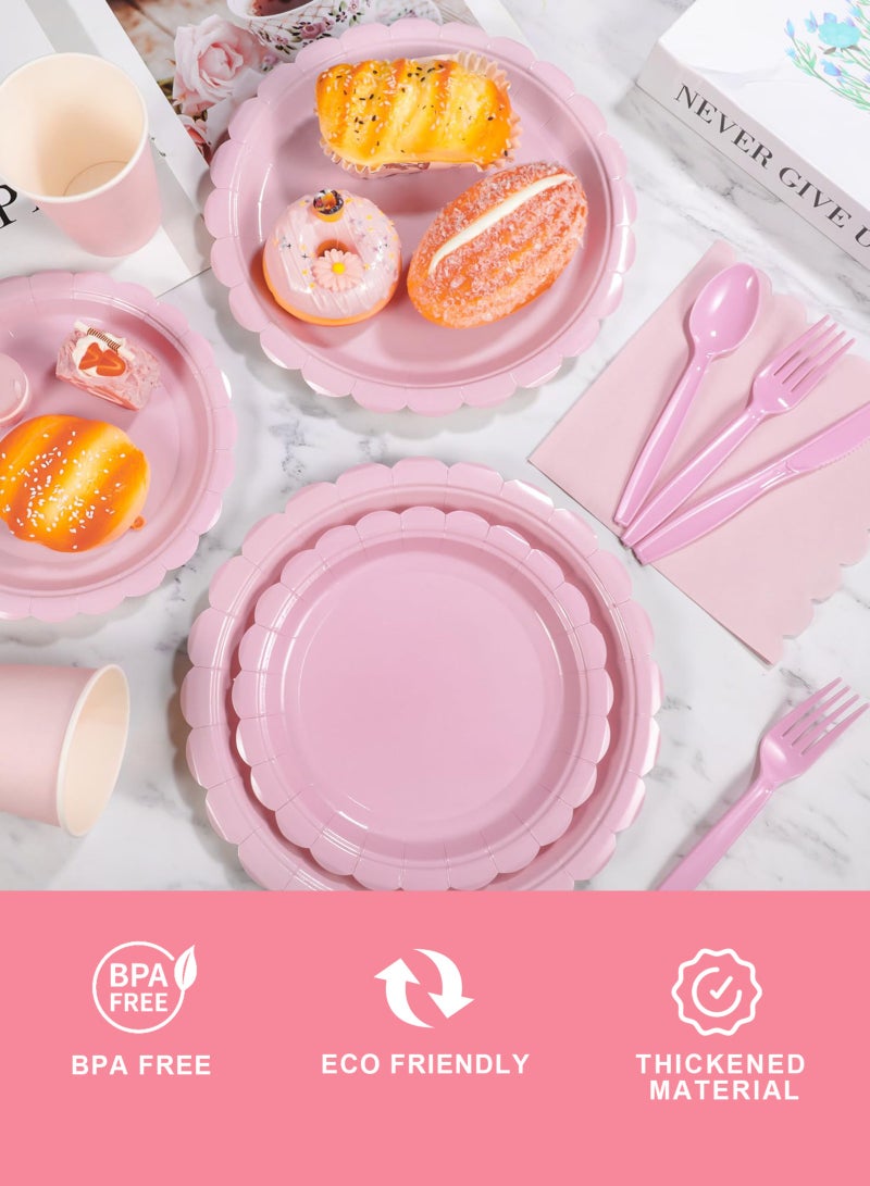 URbazaar 200 Pcs Pink Paper Plates and Napkins, Light Pink Party Supplies Include Scalloped Plate Napkins Cups Plastic Spoons Forks Knives for Baby Shower, Wedding, Birthday - Image 3
