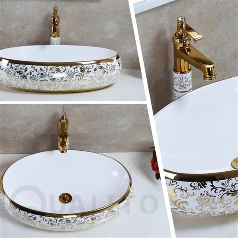 Qualito Table Top Wash Basin for Bathroom Living Room Hall Dinning Room CountertopOver Counter Ceramic Vessel SinkBasin Matt Finish Vanity Basin White Golden Art 24x16 Inch - Image 4