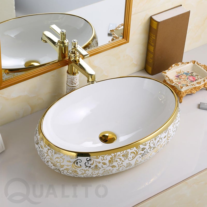 Qualito Table Top Wash Basin for Bathroom Living Room Hall Dinning Room CountertopOver Counter Ceramic Vessel SinkBasin Matt Finish Vanity Basin White Golden Art 24x16 Inch - Image 3