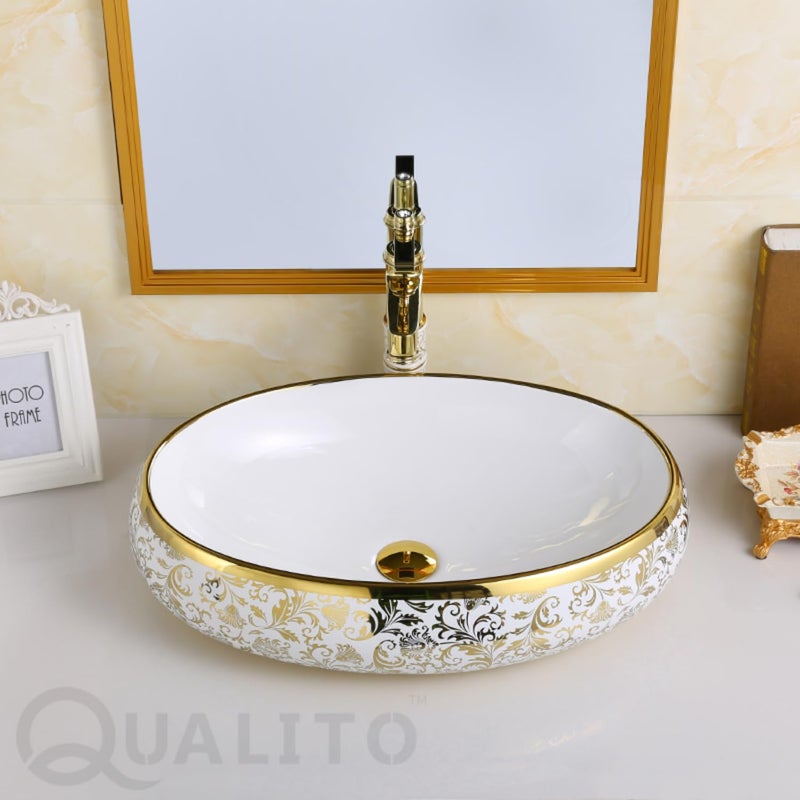 Qualito Table Top Wash Basin for Bathroom Living Room Hall Dinning Room CountertopOver Counter Ceramic Vessel SinkBasin Matt Finish Vanity Basin White Golden Art 24x16 Inch - Image 2