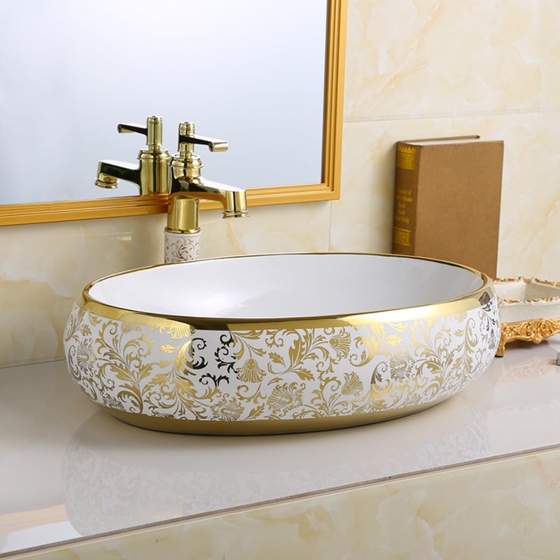Qualito Table Top Wash Basin for Bathroom Living Room Hall Dinning Room CountertopOver Counter Ceramic Vessel SinkBasin Matt Finish Vanity Basin White Golden Art 24x16 Inch - Image 1