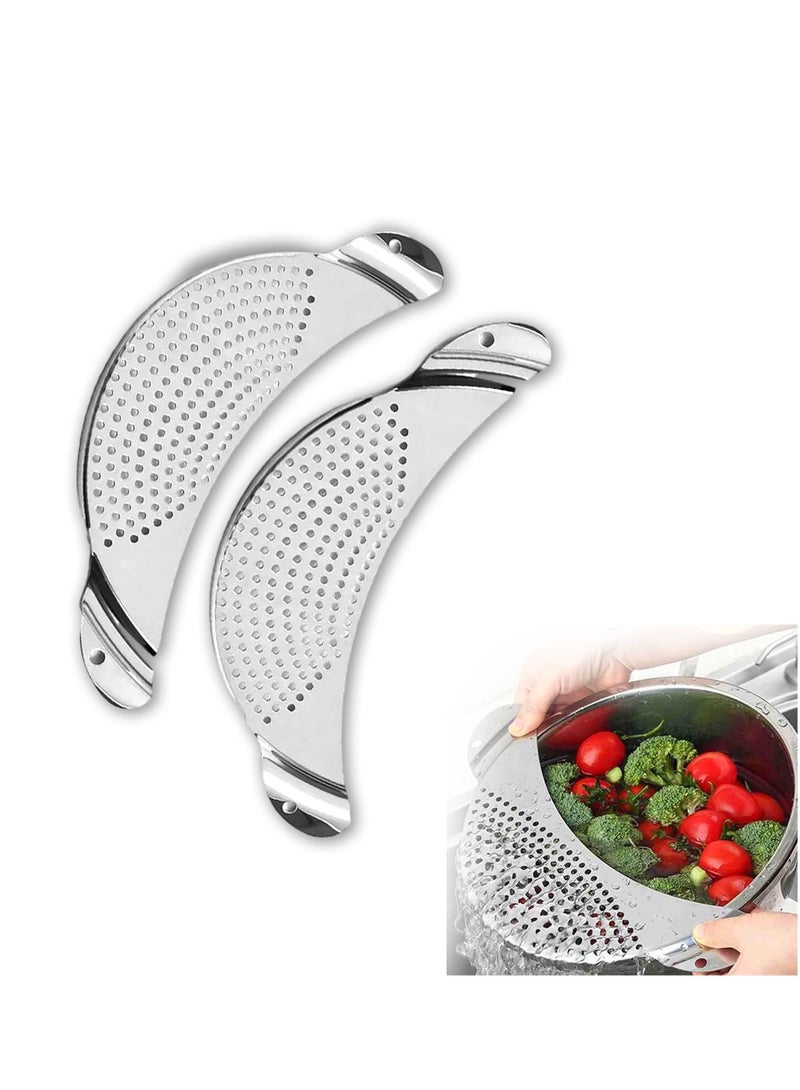 SYOSI Half Moon Pot Strainer Stainless Steel, 2 Pack Pasta Strainer, Heat Resistant Food Colander for Draining Spaghetti, Pasta, Noodles, Vegetables, Suitable for Pots or Containers Up to 10 Inches - Image 1