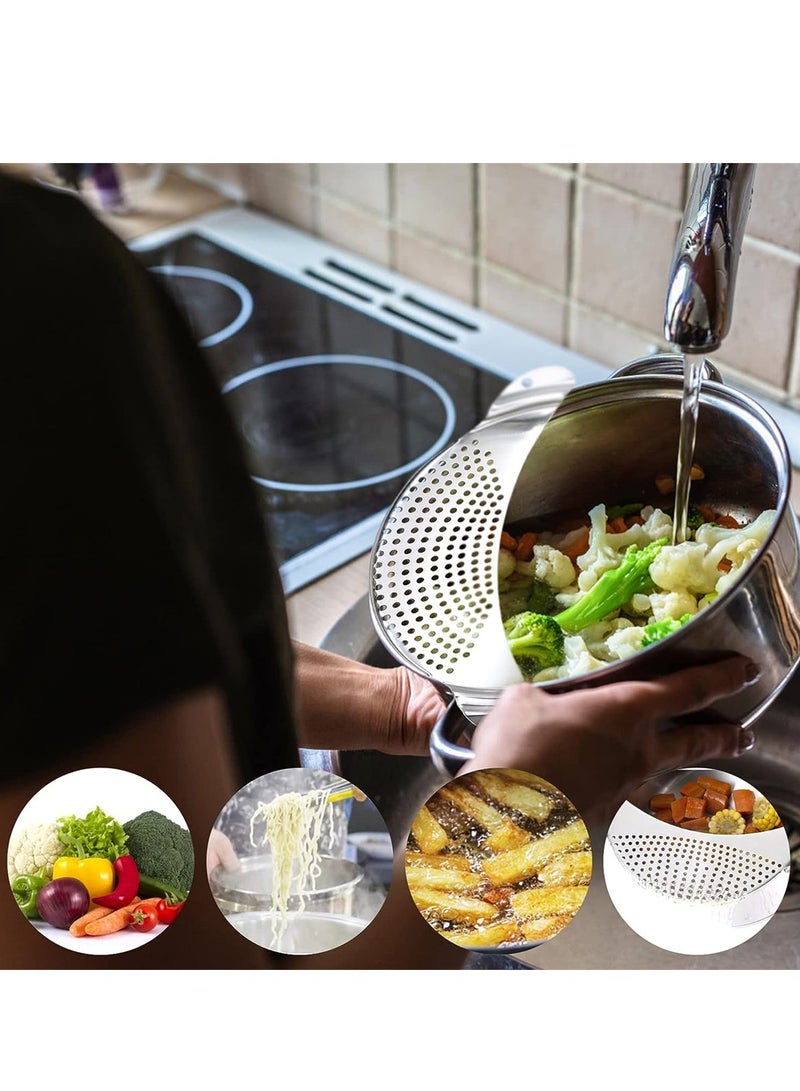 SYOSI Half Moon Pot Strainer Stainless Steel, 2 Pack Pasta Strainer, Heat Resistant Food Colander for Draining Spaghetti, Pasta, Noodles, Vegetables, Suitable for Pots or Containers Up to 10 Inches - Image 2