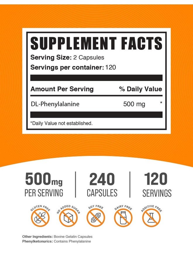 BulkSupplements.com DL-Phenylalanine Capsules - DLPA Capsules, DL-Phenylalanine 500mg - DLPA Supplements, Gluten Free - 2 Capsules per Serving, 240 Capsules (Pack of 1) - Image 2
