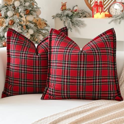 OTOSTAR Pack of 2 Christmas Scottish Plaid Throw Pillow Covers Decorative Check Tartan Square Pillow Covers with Stitched Edge for Sofa Couch Bed Farmhouse Home Decor 24x24 Inches Red - Image 1