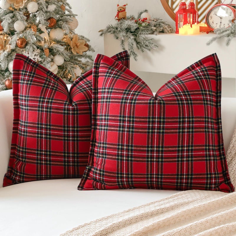 OTOSTAR Pack of 2 Christmas Scottish Plaid Throw Pillow Covers Decorative Check Tartan Square Pillow Covers with Stitched Edge for Sofa Couch Bed Farmhouse Home Decor 24x24 Inches Red - Image 2