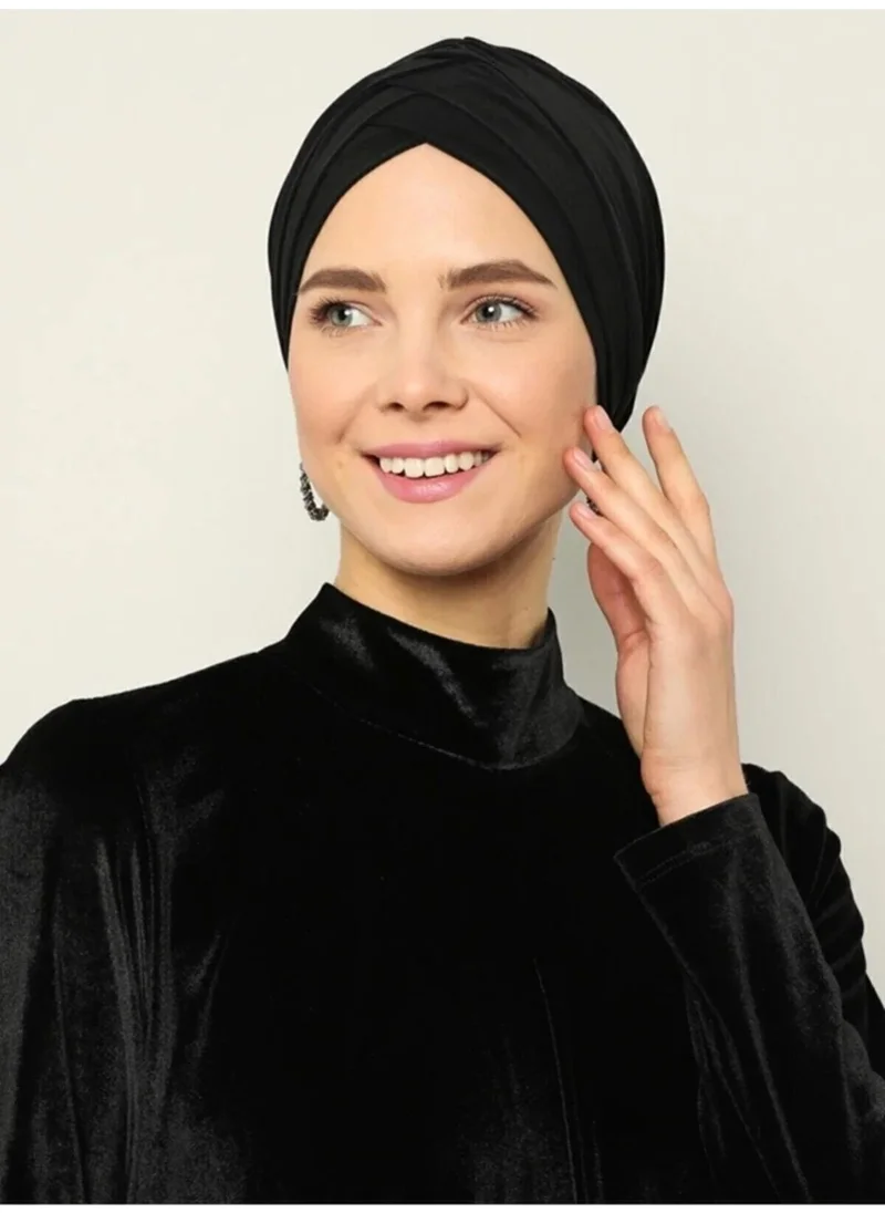 Naciye Sultan Hijab Cross Sea Bonnet Three-Striped Ready-made Headscarf Black