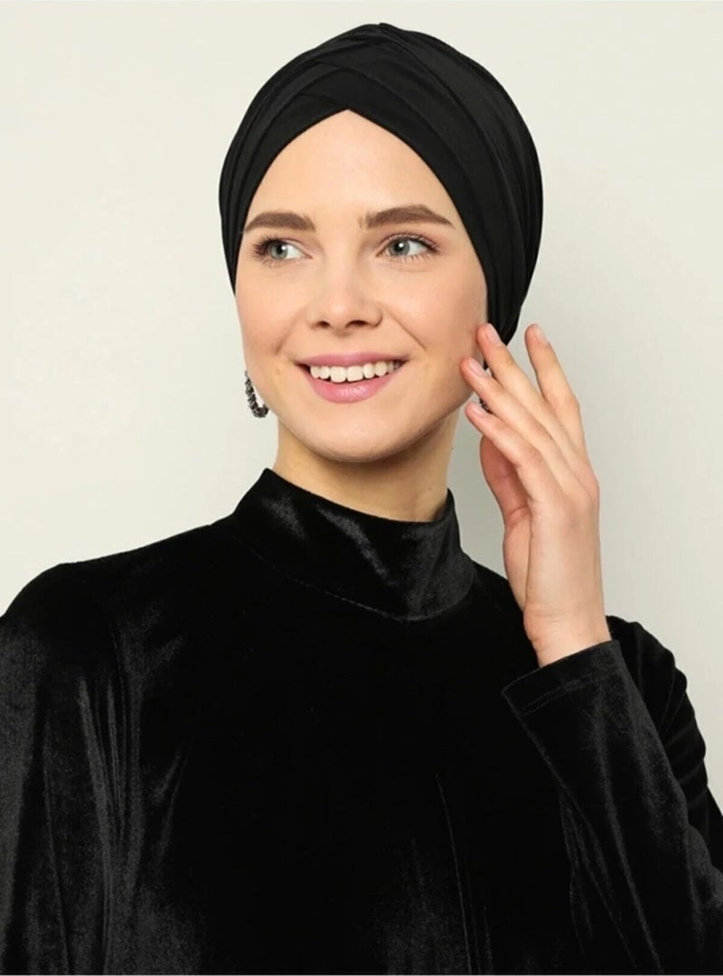 Naciye Sultan Hijab Cross Sea Bonnet Three-Striped Ready-made Headscarf Black - Image 1
