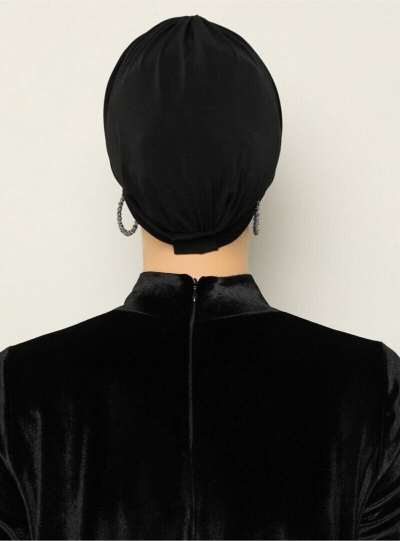 Naciye Sultan Hijab Cross Sea Bonnet Three-Striped Ready-made Headscarf Black - Image 4