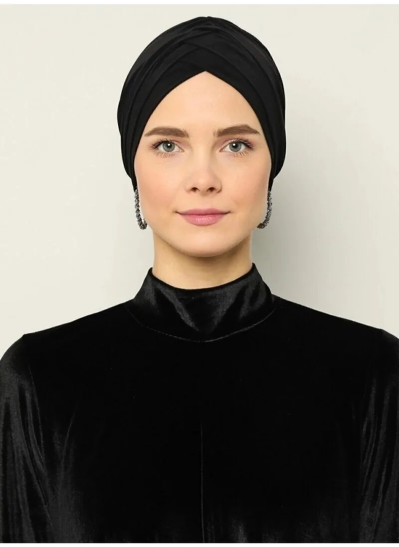 Naciye Sultan Hijab Cross Sea Bonnet Three-Striped Ready-made Headscarf Black