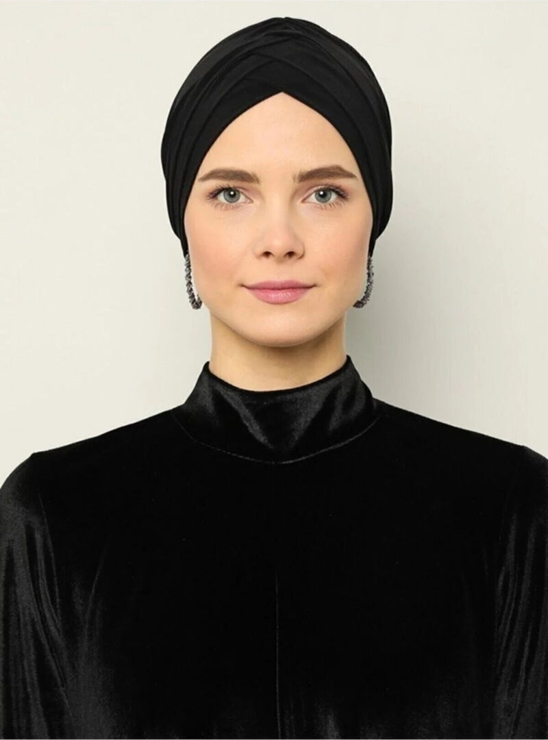 Naciye Sultan Hijab Cross Sea Bonnet Three-Striped Ready-made Headscarf Black - Image 2
