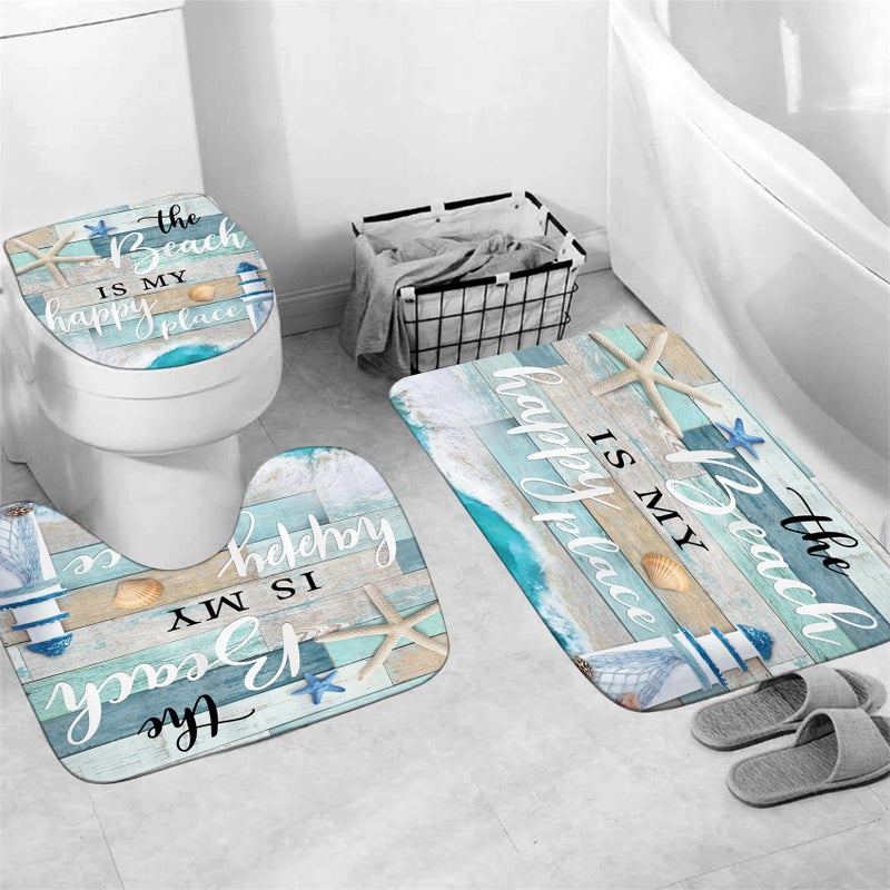 Chrainy 4Pcs Nautical Ocean Shower Curtain Sets Sea Wooden Bathroom Set Decor with Non-Slip Rugs Bath U-Shaped Mat Toilet Lid Cover Starfish Lighthouse Bathroom Curtain Shower Set with 12 Hooks - Image 4