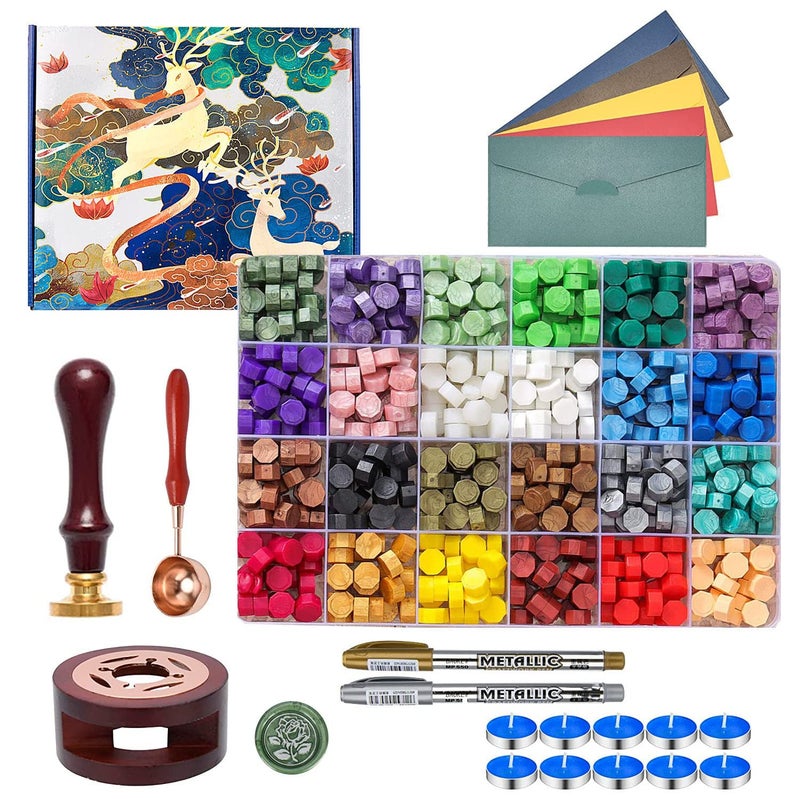 Iteryou Wax Seal Stamp Kit - 630 Pcs Wax Beads, Gift Box, Warmer, Metallic Pens, Envelopes, Stamp Set for Gifts & Decoration - Image 1