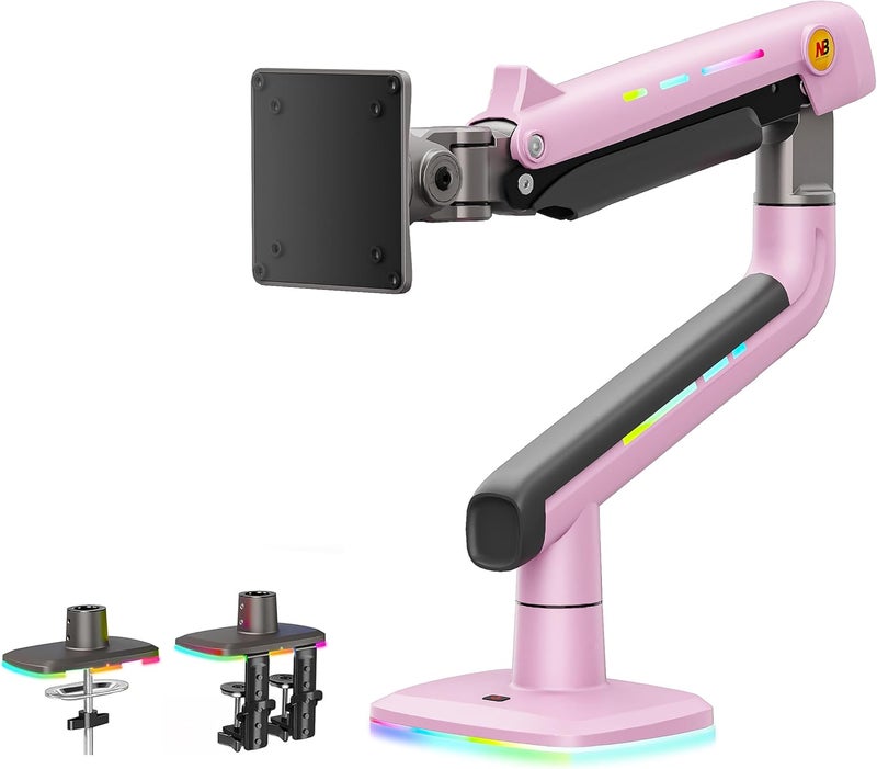NB ERGONOMIC NB Gaming Monitor Arm or for 32 to 60 Inches Screen, Load up to 20 kg, VESA 75/100, RGB-Light, Heavy Duty, Multi Angle Adjustable, Premium Aluminum, Pink - Image 1