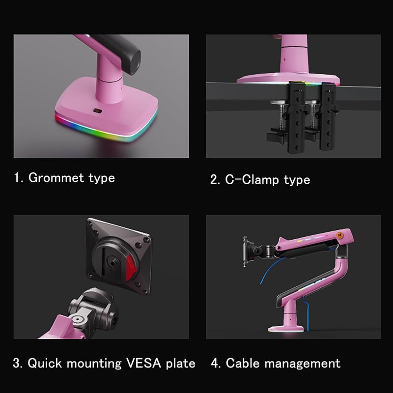 NB ERGONOMIC NB Gaming Monitor Arm or for 32 to 60 Inches Screen, Load up to 20 kg, VESA 75/100, RGB-Light, Heavy Duty, Multi Angle Adjustable, Premium Aluminum, Pink - Image 4