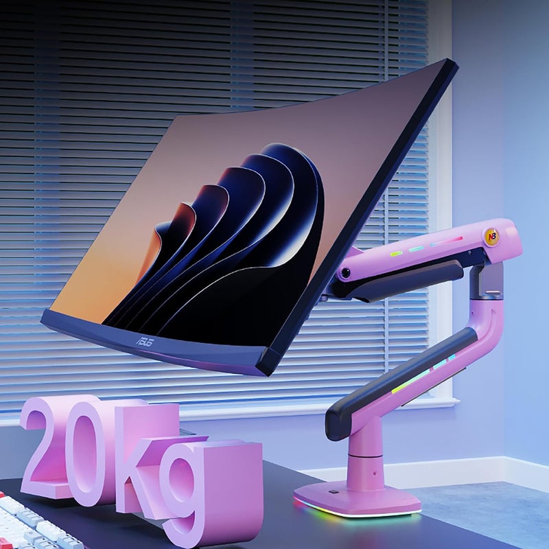 NB ERGONOMIC NB Gaming Monitor Arm or for 32 to 60 Inches Screen, Load up to 20 kg, VESA 75/100, RGB-Light, Heavy Duty, Multi Angle Adjustable, Premium Aluminum, Pink - Image 2